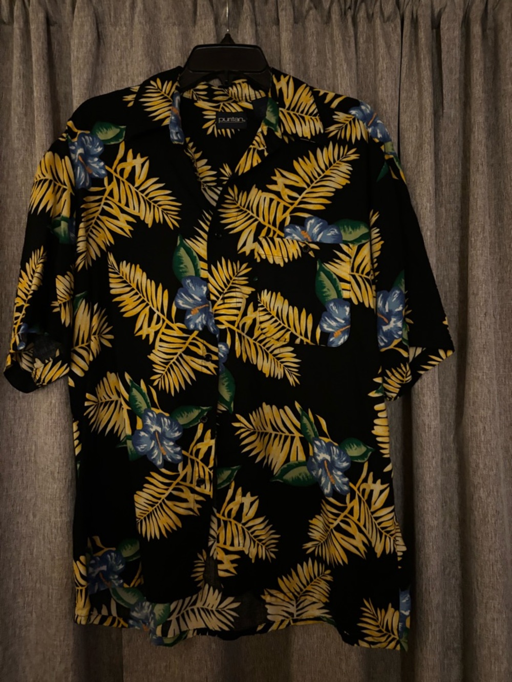Island-Print Short Sleeve Shirt - Black/Yellow/Blue
